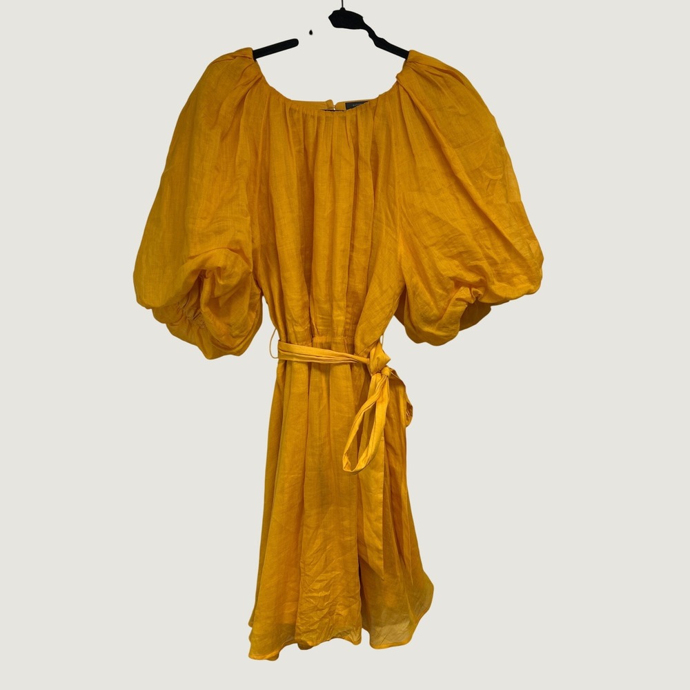 Banana Republic Dress Womens XL Yellow Ramie Puff Sleeve Cutout Back Tie Lined